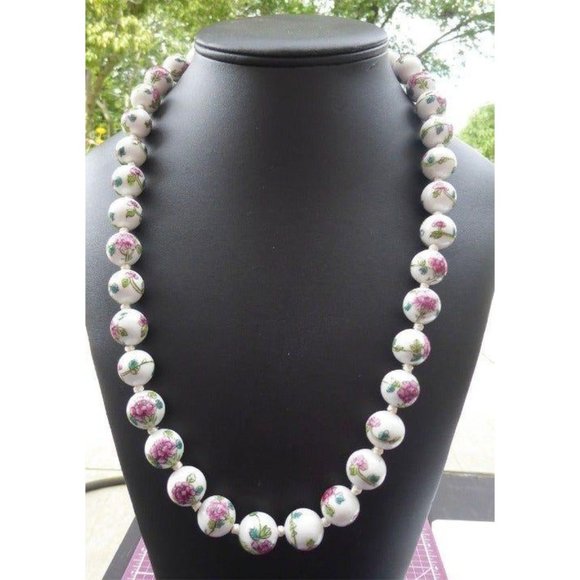 Hand-Painted Ceramic Floral Bead Necklace With Gold-Tone Filigree Clasp 26" - Picture 1 of 9